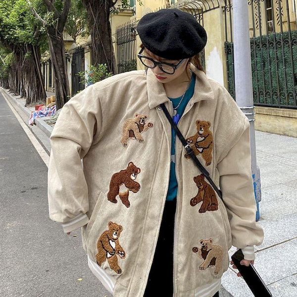 

women's jackets corduroy baseball jacket clothes embroidery bear autumn winter apricot zipper cute kawaii2021 student vintage short coa, Black;brown