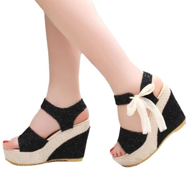 

sandals lace wedge shoes for women summer party platform high heel, Black