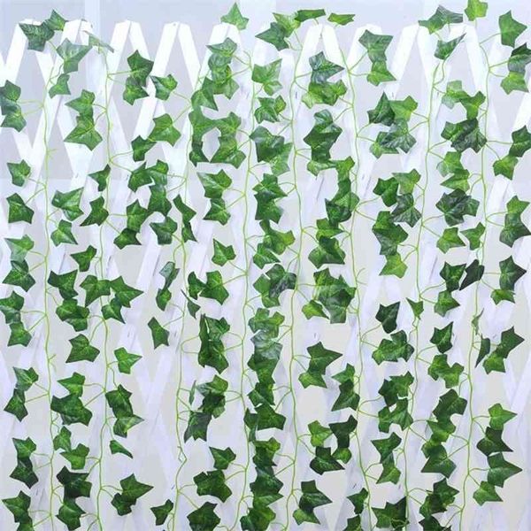 12 pezzi Vivid Ivy Leaves Garland 2.1m Hanging Wall Window Creepers Blind Shutter Decor Vite finta Piante bonsai verdi artificiali 210624