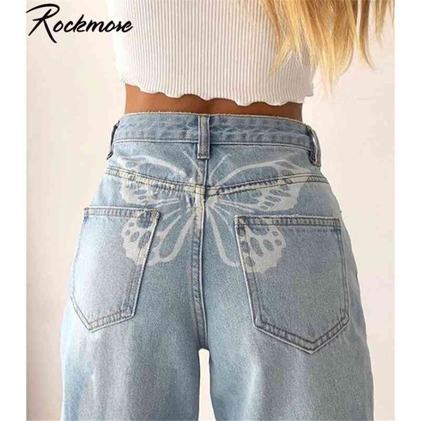 

rockmore high waist women's jeans loose wide leg pants mom boyfriend denim s straight trousers oversize 210922, Blue