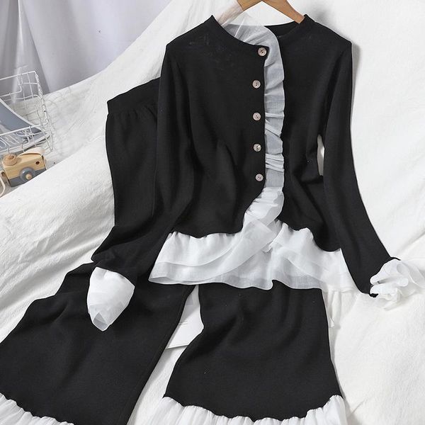 

winter knitted korean cardigan two piece ruffles suit with wide leg pants contrast color vintage set for women women's tracksuits, Gray