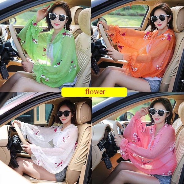 

scarves summer chiffon scarf for women ruffles long sleeve poncho stole shawls driving sunscreen print floral lace perspective, Blue;gray