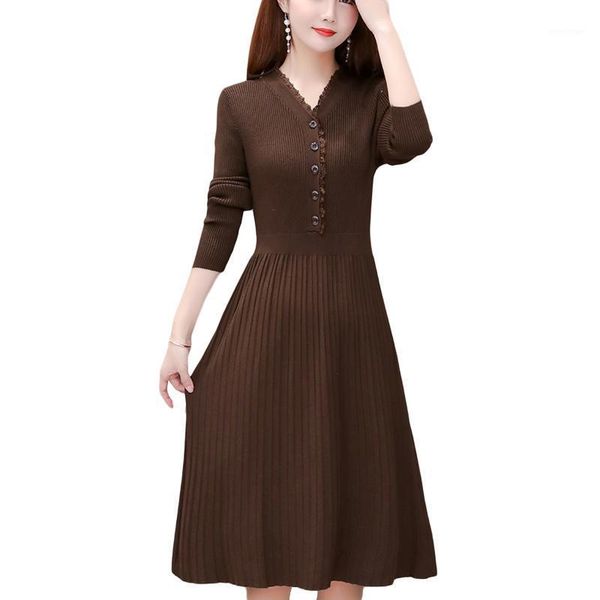 

casual dresses autumn winter women sweater dress mid-calf long chic female a-line soft warm knitted, Black;gray