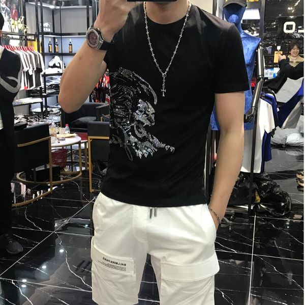 

brand classic rhinestone print men's t-shirt fashion full cotton summer casual streetwear pullover short sleeve crew neck tees size m-, White;black