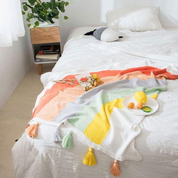

nordic cotton knitted rainbow striped throw blanket sweet colorful tassels air conditioning sofa chair bed lounge quilt qx2e