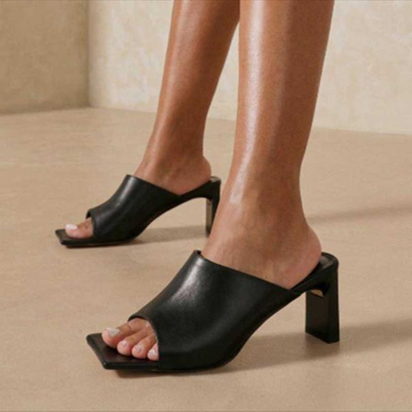 

sandals block heel square toe lady's sandal shoes high pumps summer comfortable slip on slides big size 43, Black