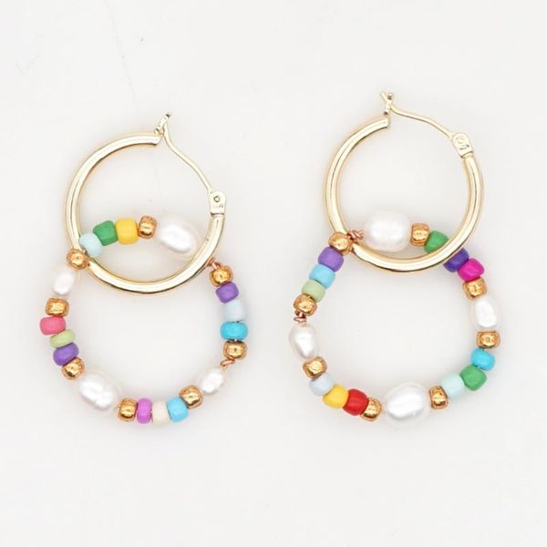 

hoop & huggie go2boho earrings for women freshwater pearl beads ear ring stainless steel circle jewelry handmade colorful beaded earing, Golden;silver