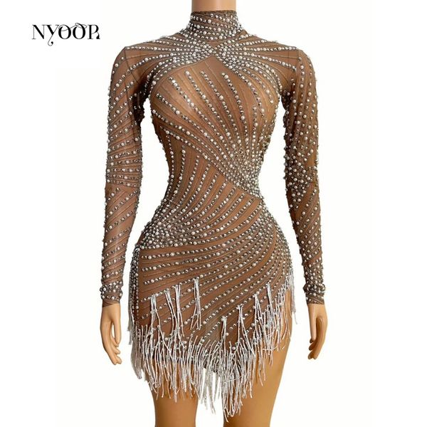 

shining pearl rhinestones transparent fringes mini dress birthday celebrate dress evening prom outfit women bar nightclub outfit, Black;red