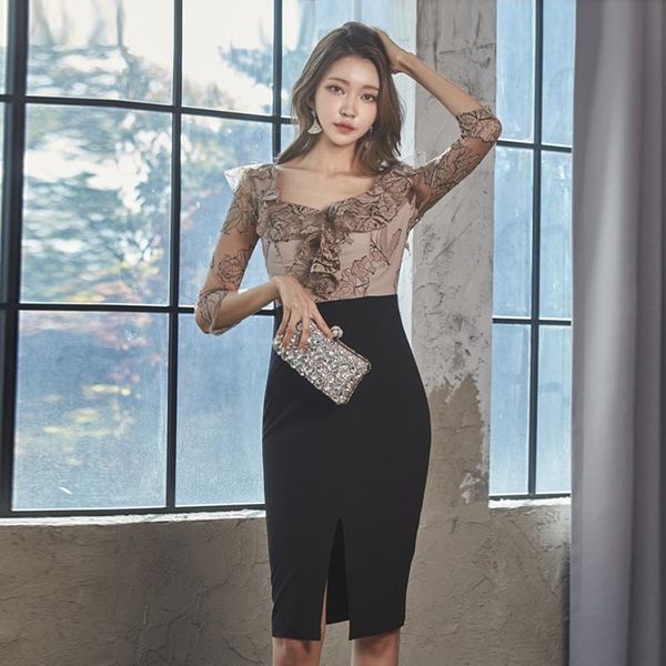

casual dresses coigarsam patchwork women dress full sleeve print high waist mesh 5518, Black;gray