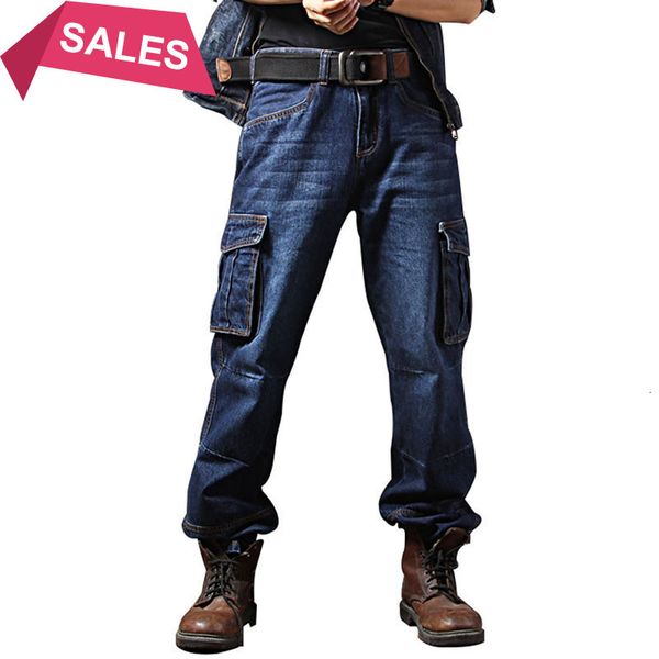 

idopy men`s casual motorcycle workwear multi pockets denim biker cargo jeans pants for male plus size, Blue