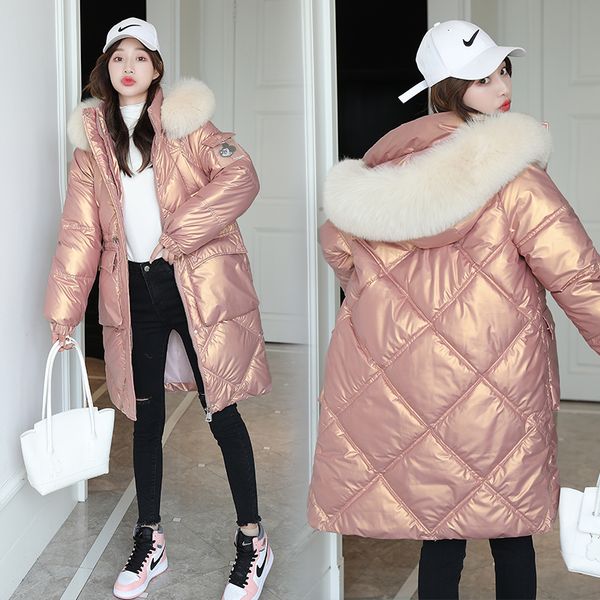 

Winter Women Slim Long Parkas Jacket Casual Shiny fabric Big Fur Collar Hood Warm Parkas Coat 2021 Fashion Outwear parkas, Black