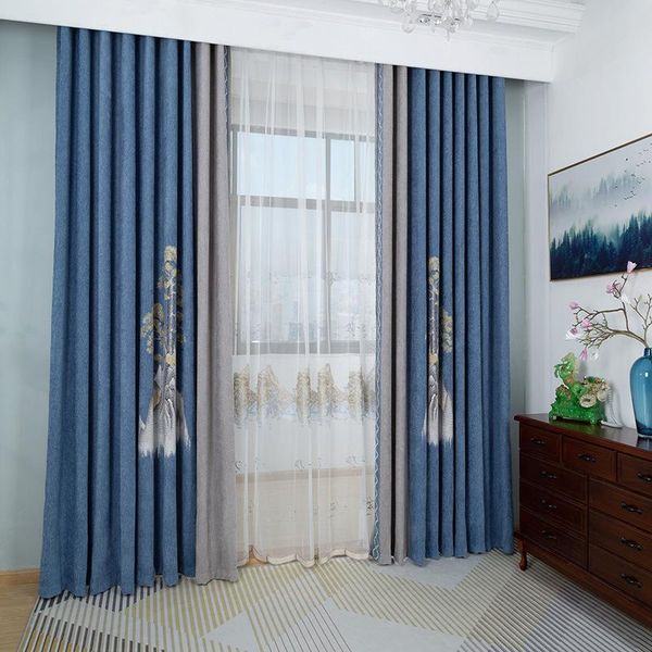 

curtain & drapes chenille jacquard blue grey splice flower high blackout for living room bedroom dining