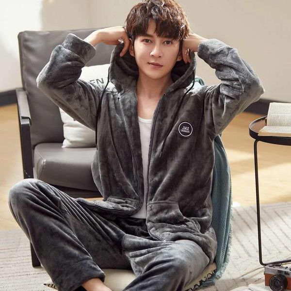 

plus size 3xl men hooded pajamas casual flannel warm thick sleepwear nightwear male pyjamas pijamas home sleep suit, Black;brown