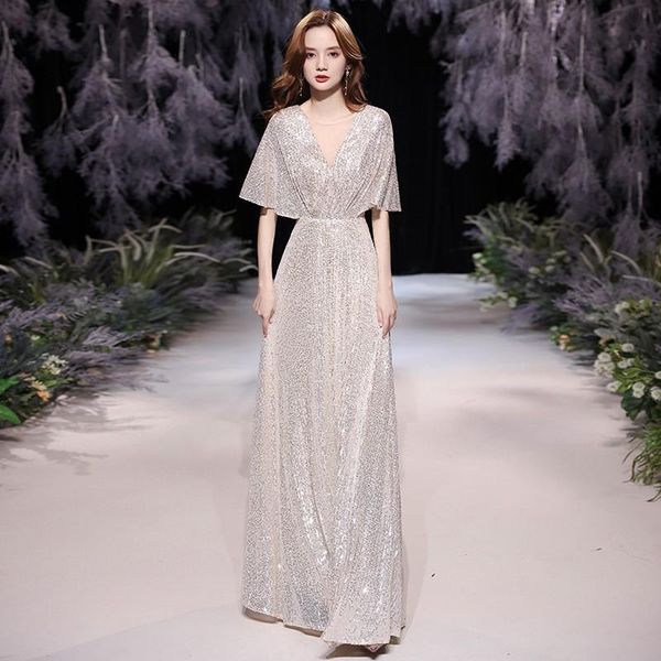 

ethnic clothing flare sleeve cheongsam bling sequins qipao perspective o-neck pleated evening party dress gown champagne zipper vestido, Red