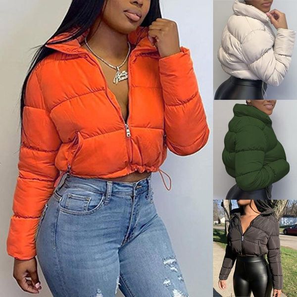 

women's jackets 2021 fashion women short bread down winter warm solid jacket stand up collar cardigan outerwear padded coat, Black;brown