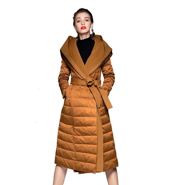 

2021 winter white down parka hooded women thick warm coat with belt outwear feminino gv63, Black