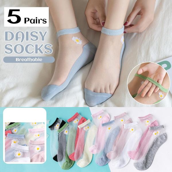 

socks & hosiery 5pairs summer woman ankle ultra-thin silk transparentglass fiber fashion daisy flower harajuku cute style, Black;white