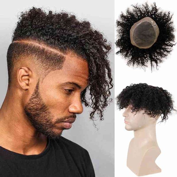

kinky curly men's toupee for black man 100%human hair mono lace replacement african american wig 10x8inch 1b black remy