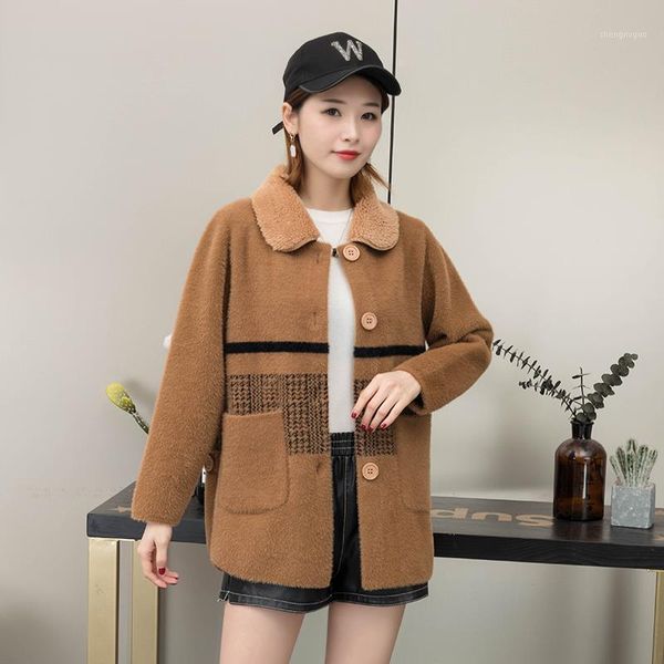 

women's wool & blends 2021 autumn and winter mink velvet coat regular stitching loose large size plaid cardigan top, Black