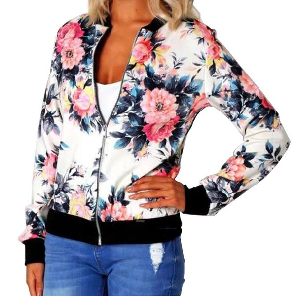 

women's jackets woman coat plus size printed bomber jacket 2021 women pockets zipper long sleeve female flower chiffon white, Black;brown