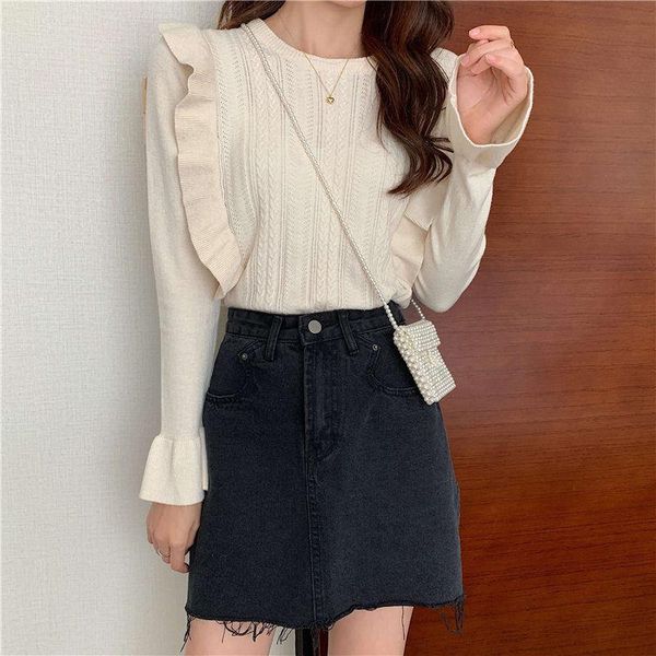 

2021 sweet round neck ruffles women knitted sweater autumn winter warm slim long-sleeved female pullover jumpers y150, White;black