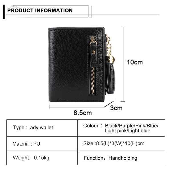 

zipper coin purses lady bifold wallet women short credit card holders fashion tassel womens wallets solid pu leather, Red;black