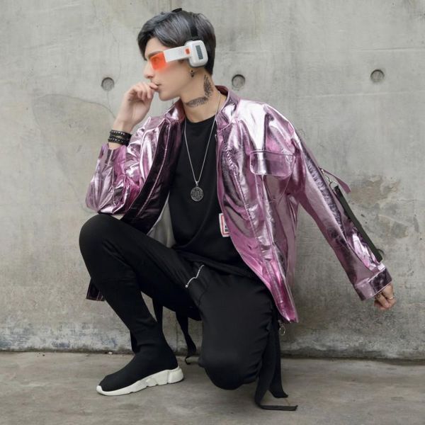 

personality harajuku new faux leather golden silver mens jackets hip hop casual loose stage costume motorcycle male short coats, Black;brown