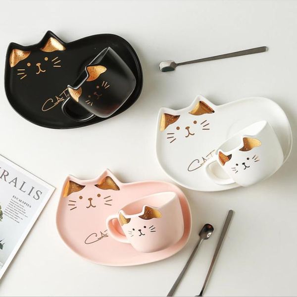 

cups & saucers ceramic coffee cup with saucer spoon set creative cute cartoon cat tea breakfast milk mug bread dessert dish gift