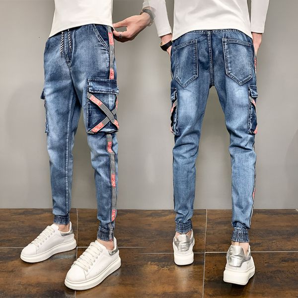 

2021 new autumn slim fit jeans streetwear blue classic fashion webbing casual overalls men cowboy pant trousers p3om