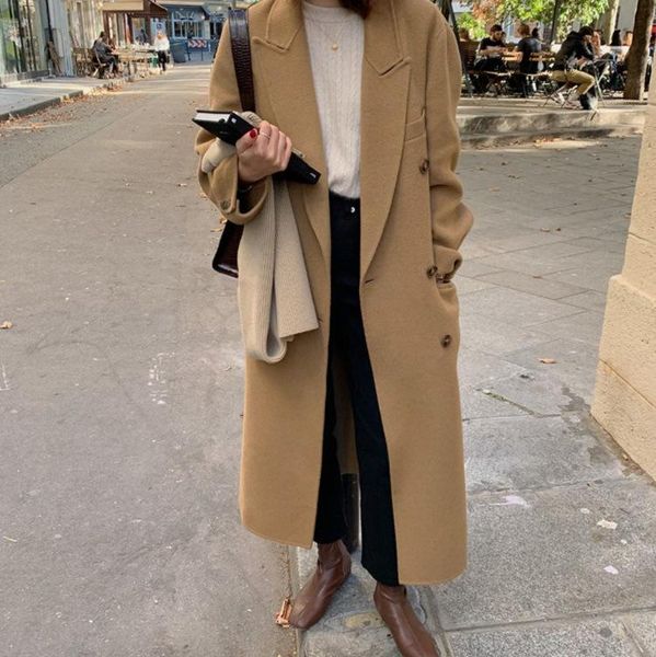 

women's wool & blends double faced cashmere overcoat breasted loose silhouette lengthened woollen tweed 19 autumn winter, Black