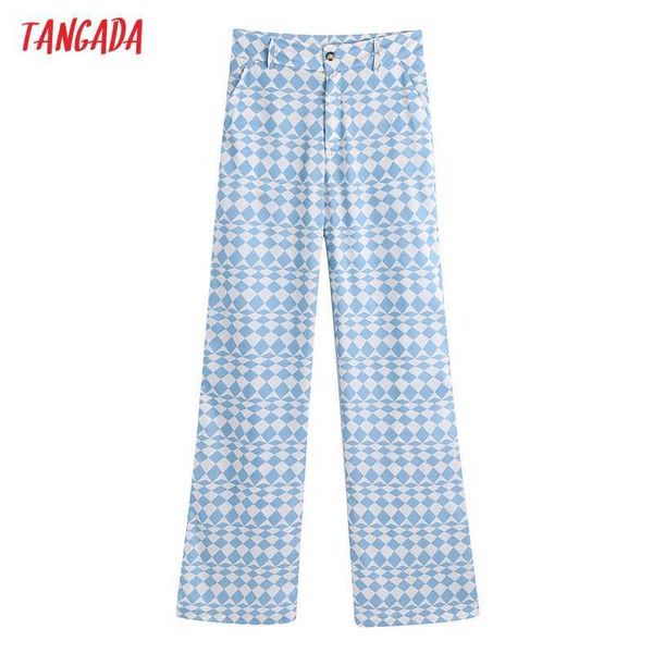 

tangada fashion women blue geometry print long pants trousers vintage style pockets buttons pants pantalon be594 210609, Black;white