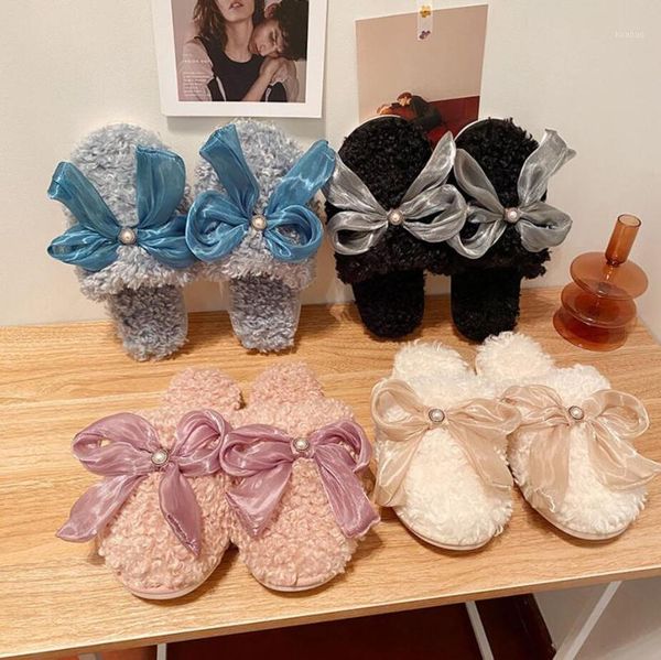 

women shoes indoor home slippers fluffy 2021 bowknot cute woman non-slip winter slides ladies1, Black