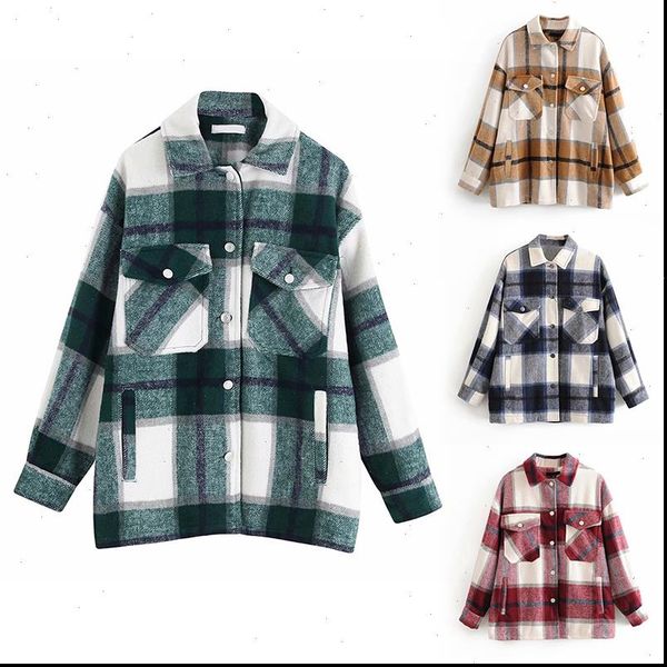 

plaid overshirt wool blend jacket vintage stylish pockets fashion lapel collar long sleeve coat casual ladies jacket chic, Black;brown