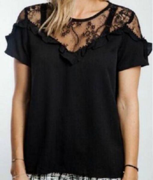 

women's hollowed-out lace stitched blouse summer casual short sleevel shirt new, White