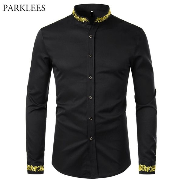 Camicia con ricamo oro nero Uomo Primavera Camicie eleganti da uomo Colletto alla coreana Camicie con bottoni Chemise Homme Camisa Masculina 210708