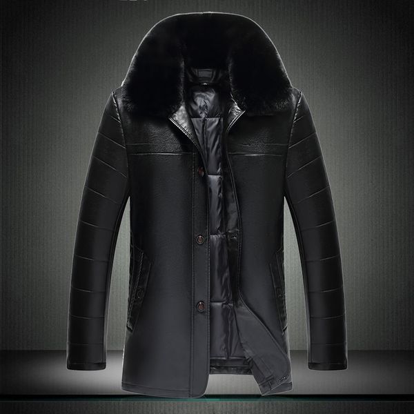 

2021 autumn & winter leather jacket new middle-aged long-length large fur collar detachable liner warm man clothes 7xl 8xl 1909 x8ix, Black