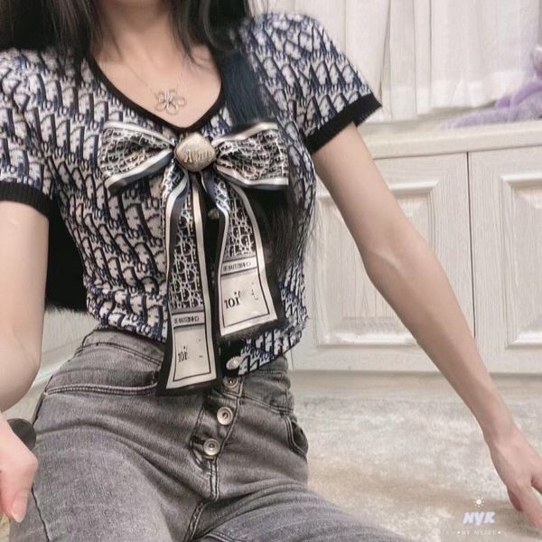 

t shirt d family's 2021 summer bow knitted elite short top, White