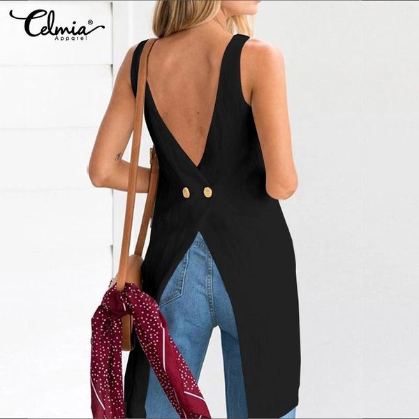 

women's blouses & shirts celmia summer 2021 women sleeveless fashion asymmetrical v-neck backless buttons casual long blusas 5xl, White