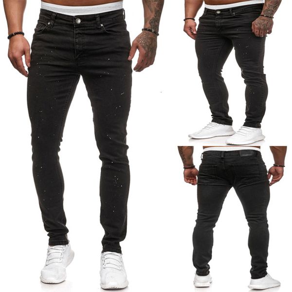 

new fashion men ny jeans troubled casual tiny dots print straight fit clothing destroyed denim broek, Black
