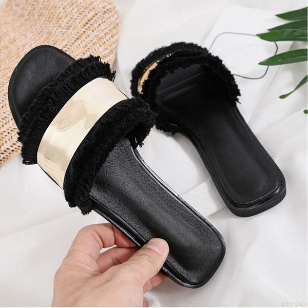 

2021 summer new letter woven canvas one-piece women's slippers fashion wear flat woman shoes female beach slides flip flops, Black