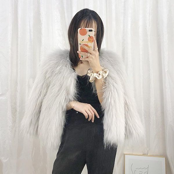 

autumn and winter raccoon dog fur woven coat round neck short 7 / 6 sleeve women's real leather hair & faux, Black