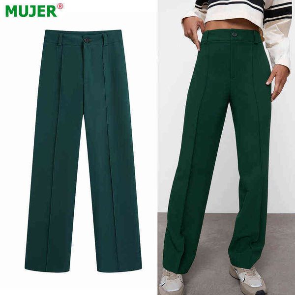 

za woman pants green straight leg baggy pants women high waist fashion office wear women pant suits front button trousers 211118, White