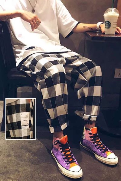 

autumn 2021 plaid casual loose straight harem large capris thin men's trend pants, Black