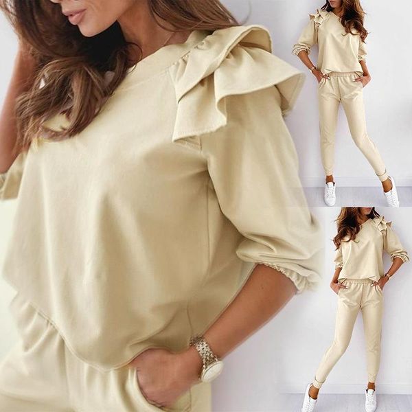 

women's set clothes fashion casual suit in solid color with round neck and long sleeves, White