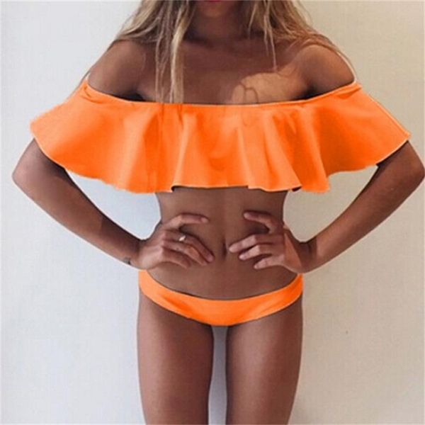 

two-piece suits young girls ruffled white orange low waist swimwear bikini lace women's swimming swimsuit d021