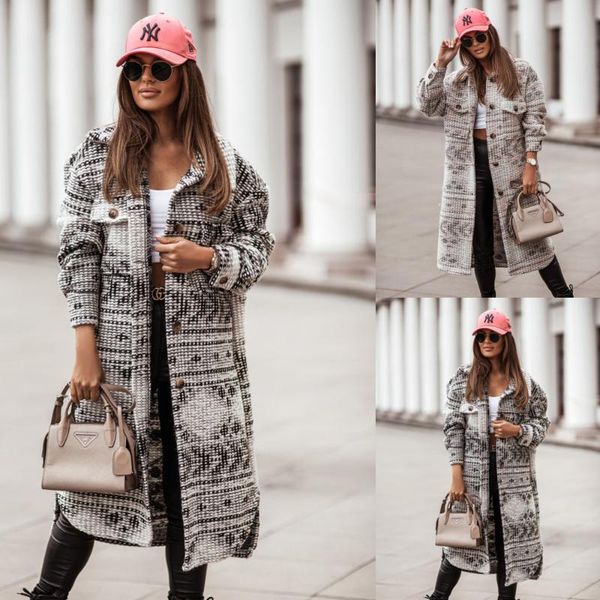 

women's wool & blends women long fancy woolen overcoat female autumn winter tweed print turn-down collar loose elegant large size ladie, Black