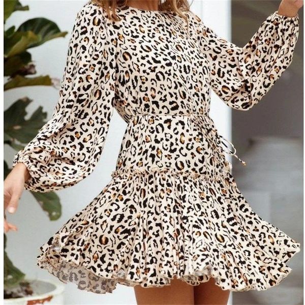 

zxqj women 2021 chic fashion with belt loose leopard printed midi dress long sleeve ruffled female dresses vestidos mujer, Black;gray