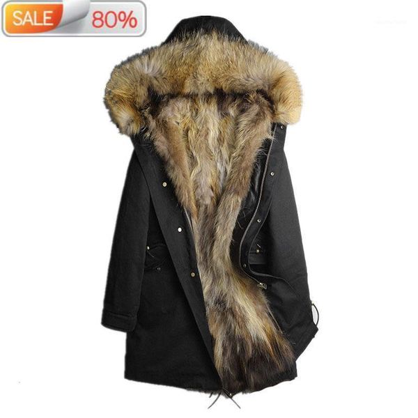 

men's leather & faux natural winter jacket raccoon fur collar warm parka clothes men long coat f-pkf-1111 nd774, Black