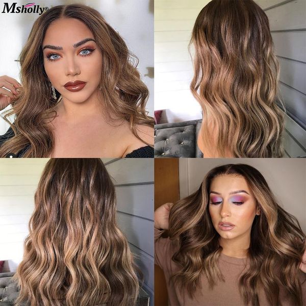 

lace wigs colored wavy human hair wig remy ombre brown highlight body wave brazilian front for women, Black;brown