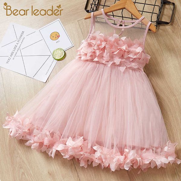 Bear líder meninas dress bebê menina lapela sem mangas tanque de tanque listrado bordado para 2-6Y 210708